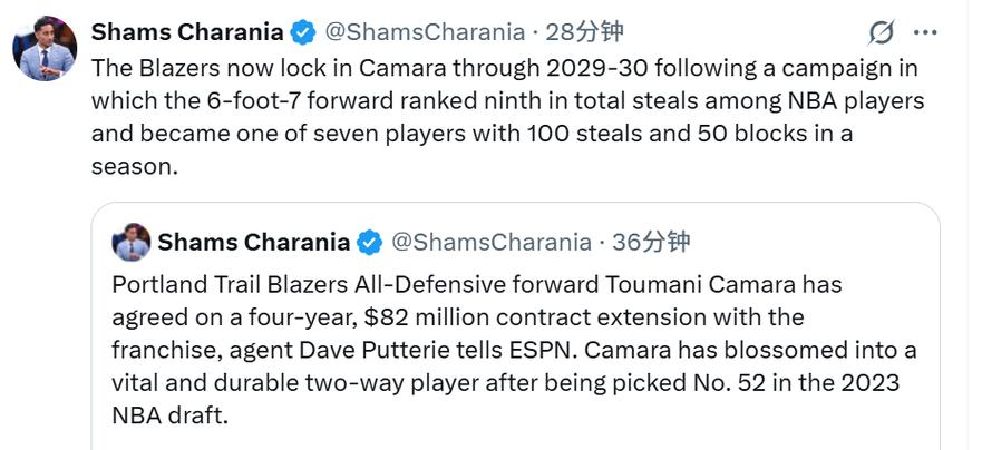 卡马拉4年8200万提前续约！拓记：对双方来说都是稳健&划算的选择