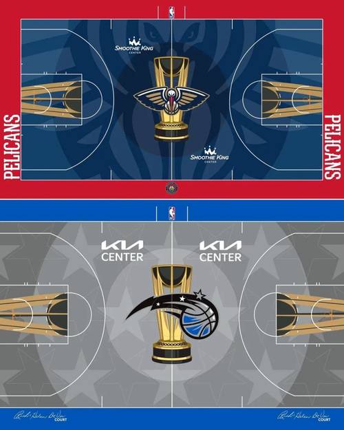 快船已为明天的NBA杯做好准备！刚铺好的NBA杯球场地板颜值如何？